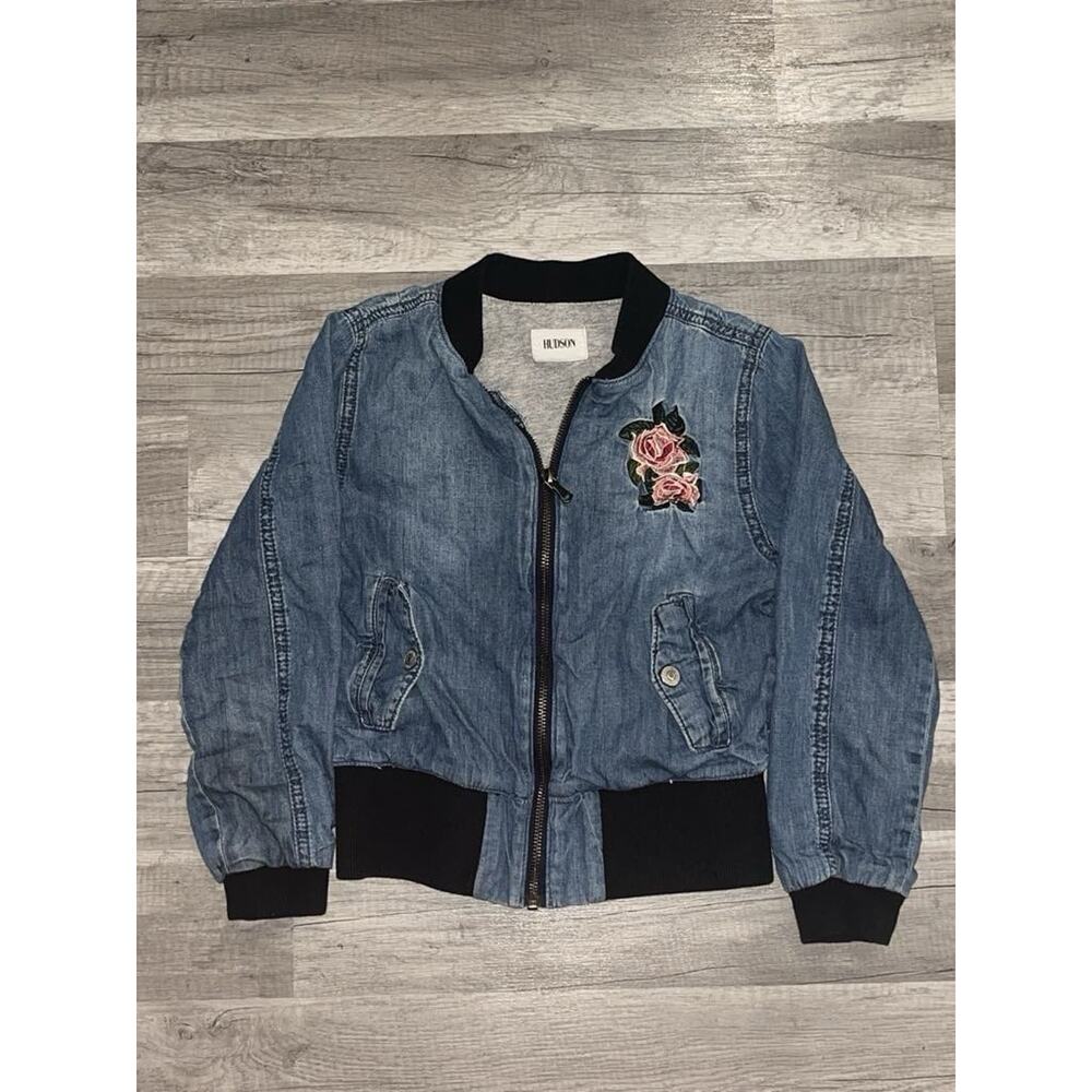 Vtg HUDSON Girls Size Small Denim blue Bomber Jacket Embroidered Rose Lined